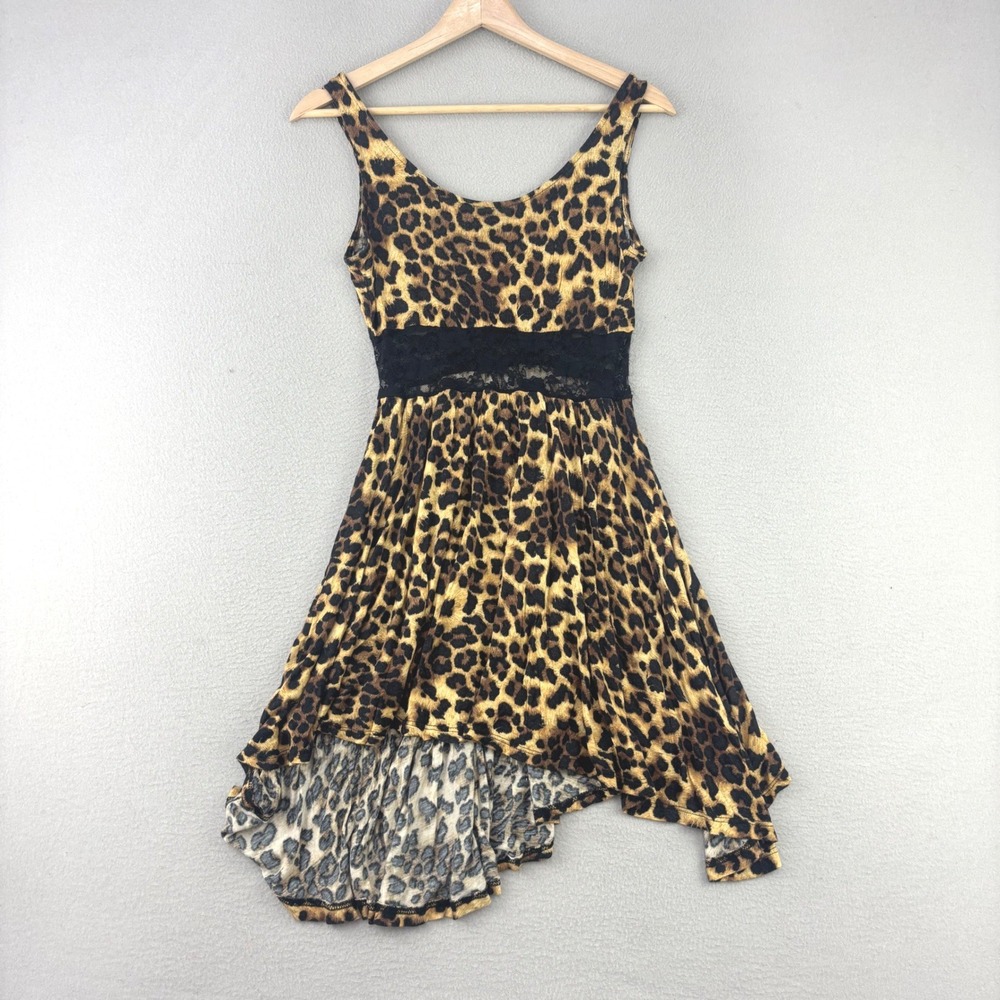 VTG Y2K Wet Seal Leopard Print Dress Women Size‎ M Brown Lace Waist Sleeveless